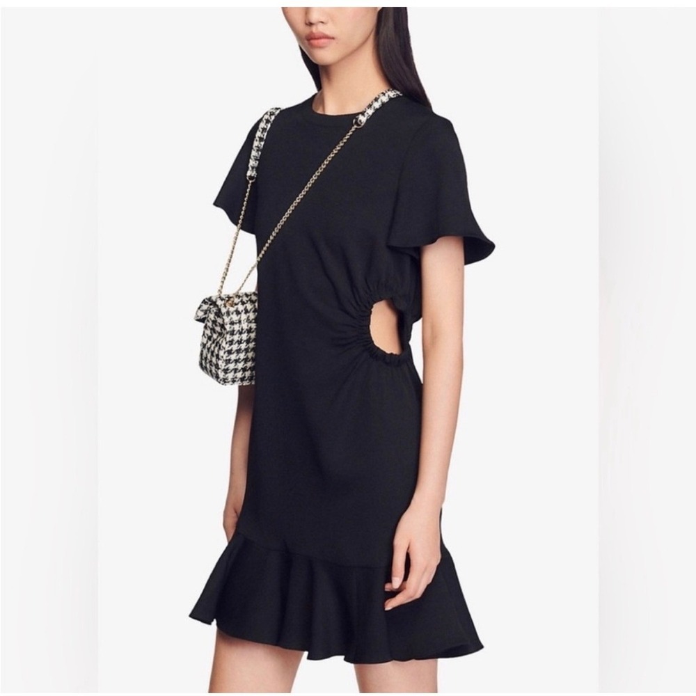 Sandro Dress H22Tessa Noir Black Cutout Ruffle Hem Mini 36 NWT Y2K